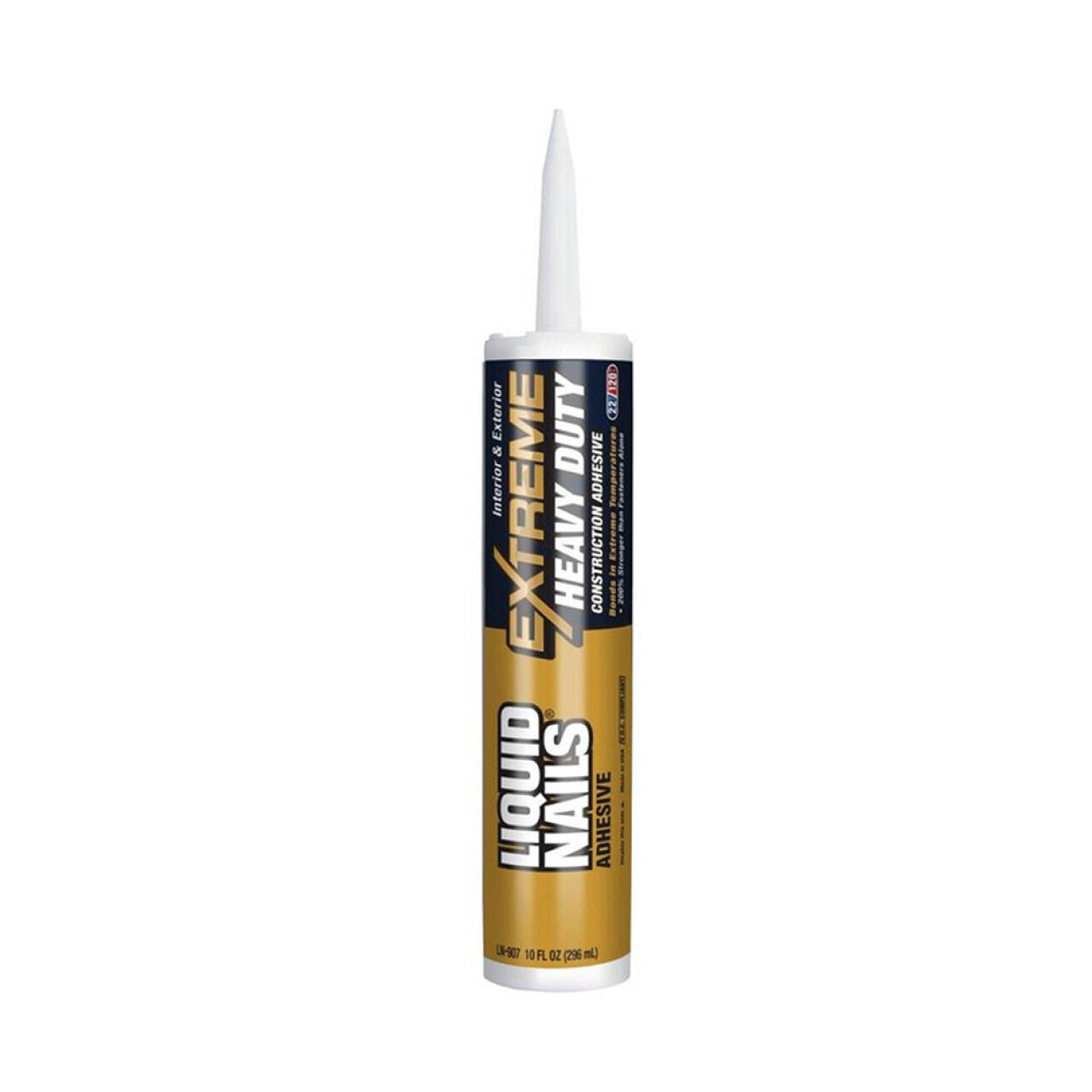 A 10 oz. tube of Go Build Extreme Heavy Duty Interior & Exterior Construction Adhesive - White, ideal for tough jobs in any weather, featuring a white nozzle and a gold and black label by The Fastest Way To Build.
